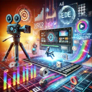 A futuristic digital landscape showcasing AI-powered video editing and short-form content trends.