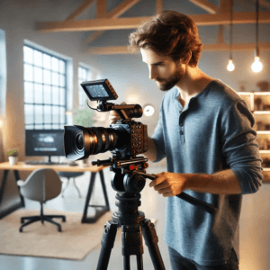 A professional videographer adjusting a high-end camera on a tripod in a modern studio