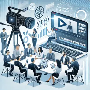 A business team collaborating on video content creation with a camera, laptop, and large video screen.