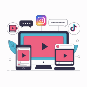 An infographic showcasing various video formats, including vertical for TikTok, horizontal for YouTube, and square for social media feeds, with platform icons.